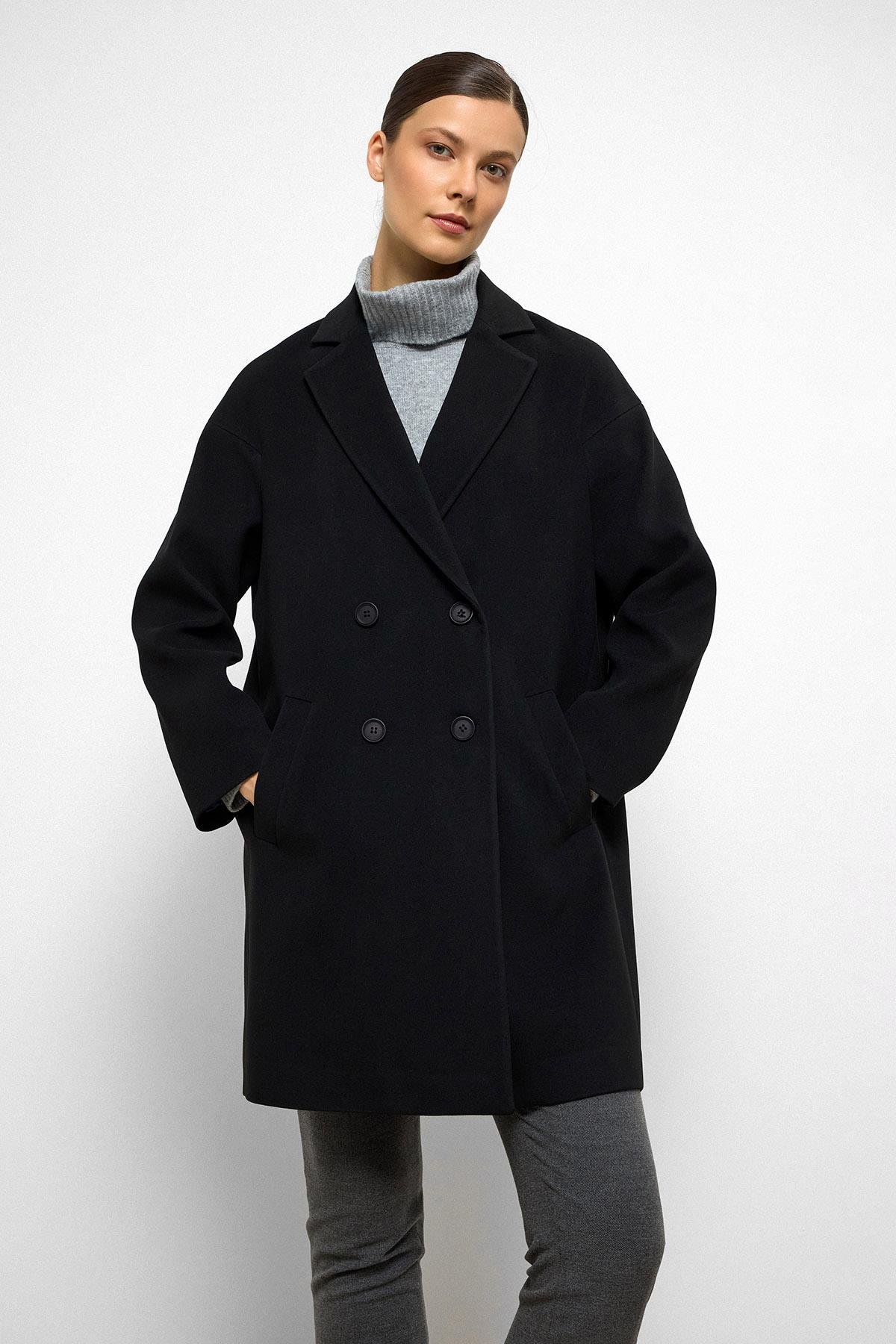 Desenli Astarlı Oversize Kruvaze Kaban SİYAH 3095