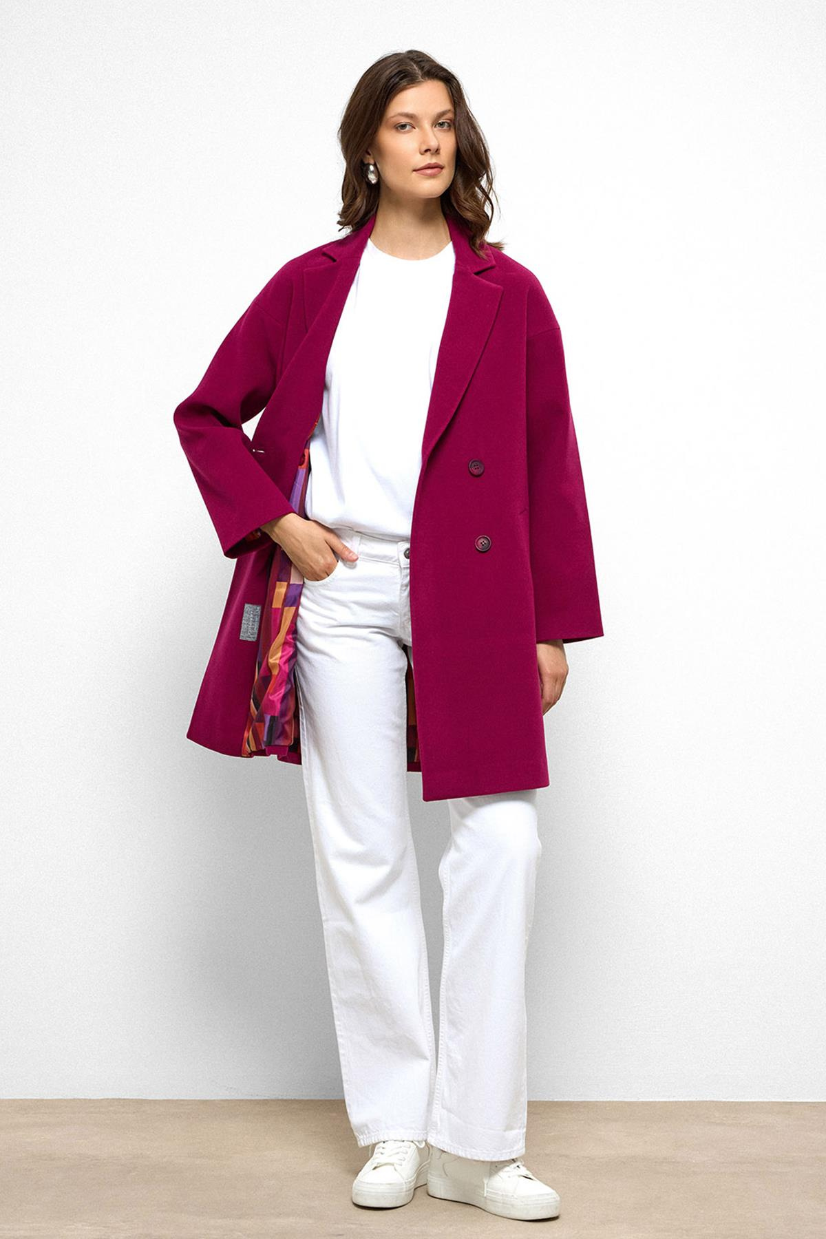 Desenli Astarlı Oversize Kruvaze Kaban FUŞYA 3095