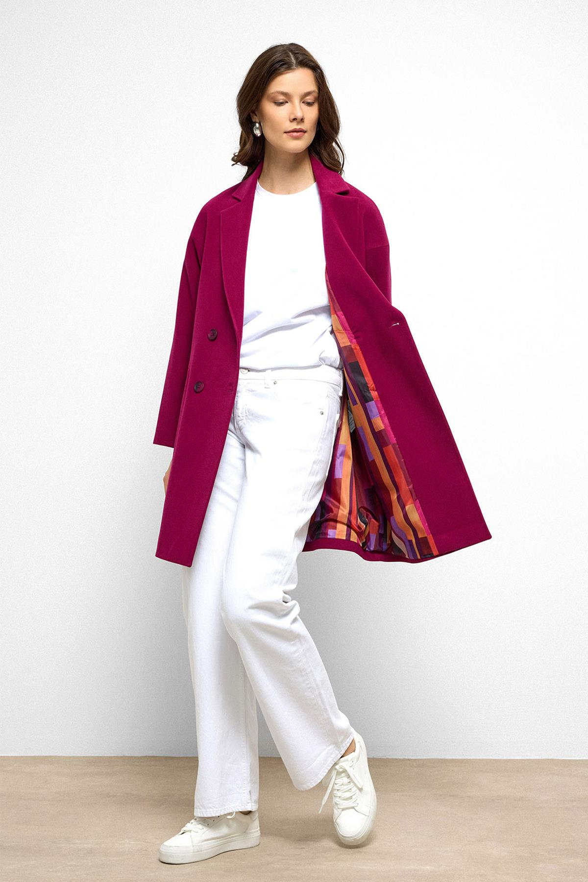 Desenli Astarlı Oversize Kruvaze Kaban FUŞYA 3095