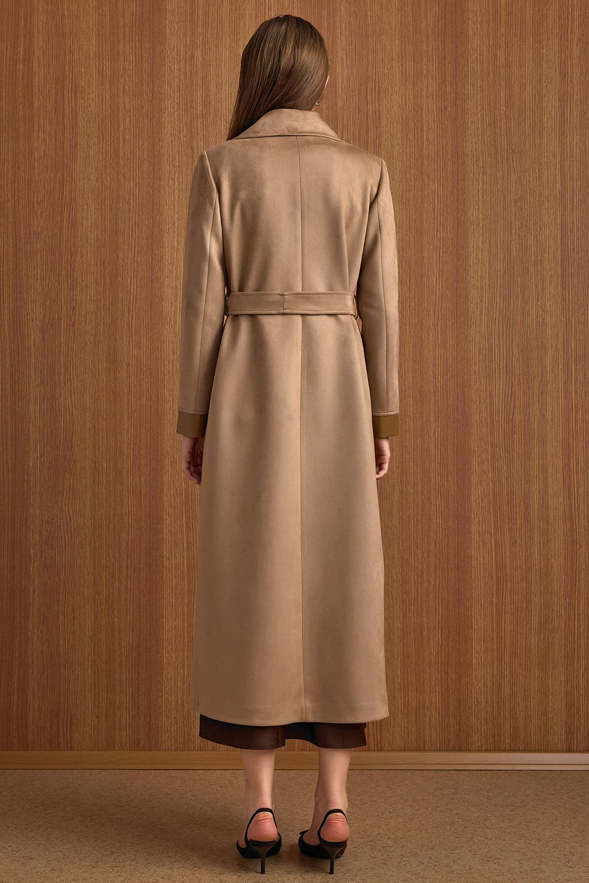 Devrik Yaka Fermuar Kapamalı Deri Garnili Süet Görünümlü Kap A.KAMEL 6804