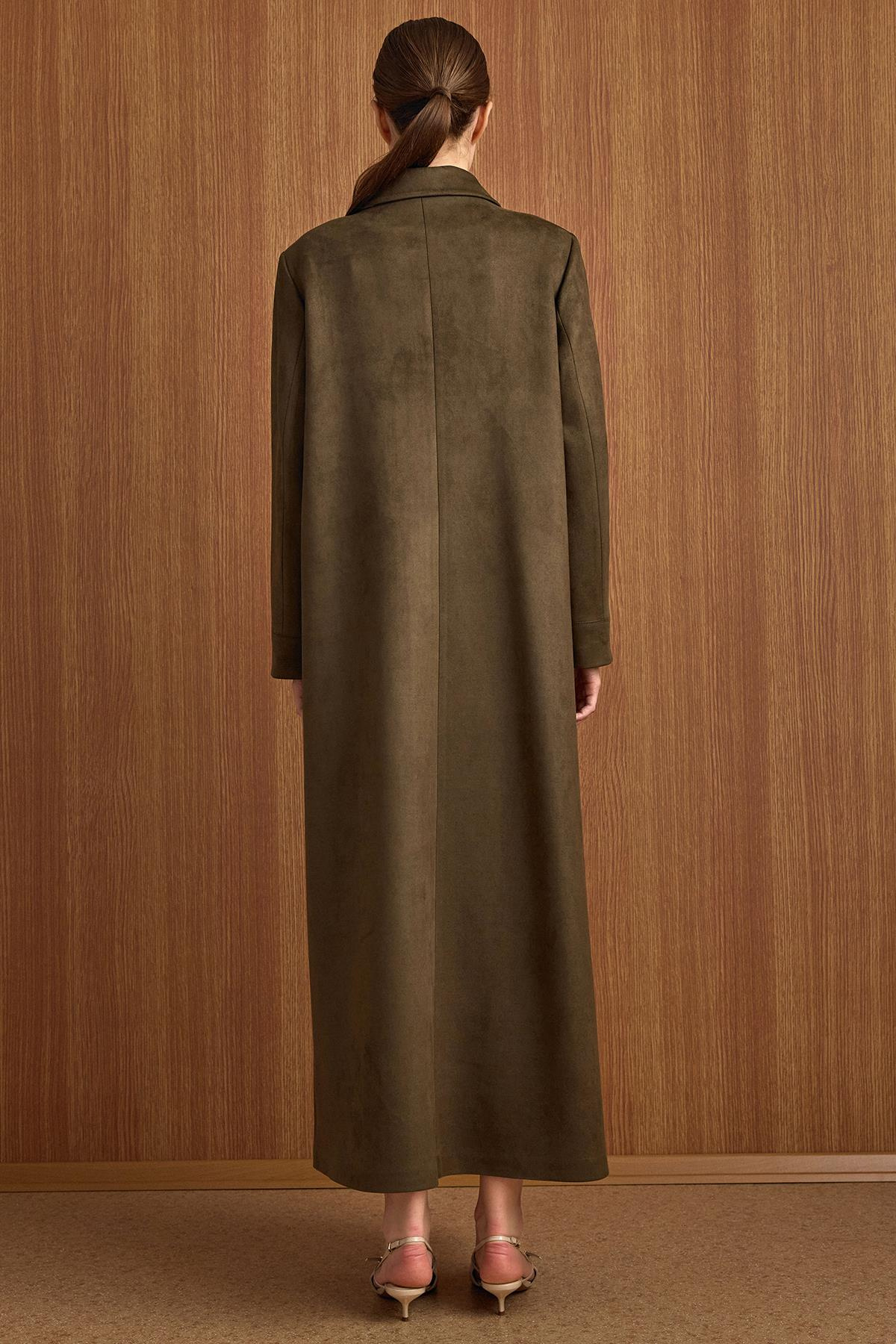 Devrik Yaka Taş Detaylı Süet Görünümlü Büyük Beden Pardesü K.HAKİ 6795