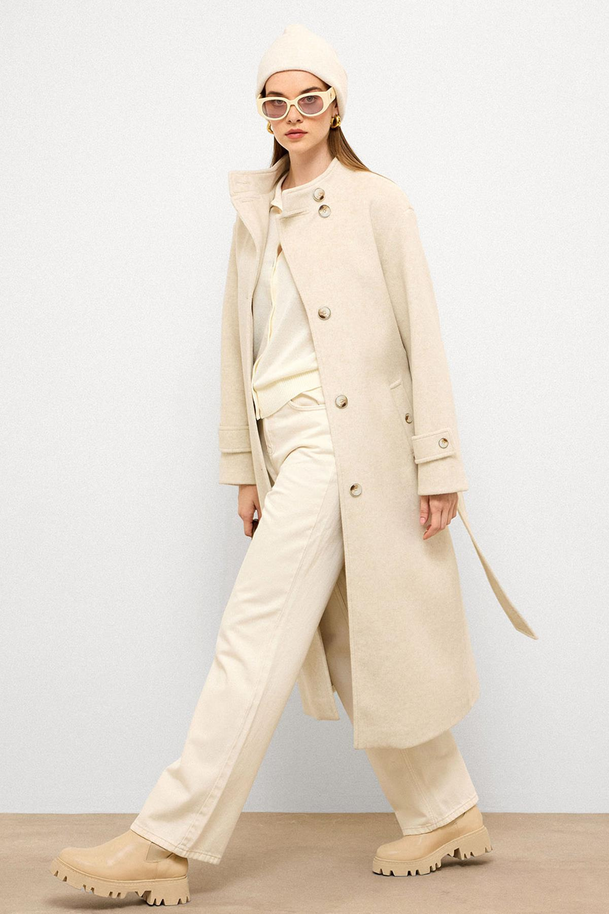 Stand Collar Oversize Long Coat BEJ MELANJ 3124