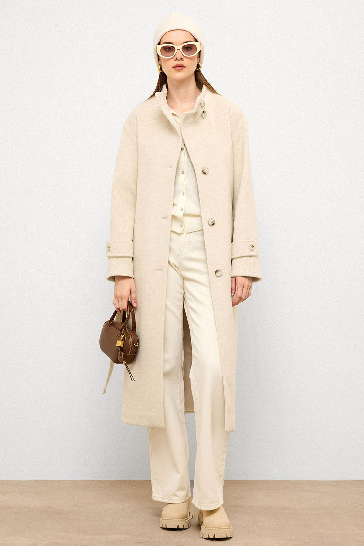 Stand Collar Oversize Long Coat BEJ MELANJ 3124