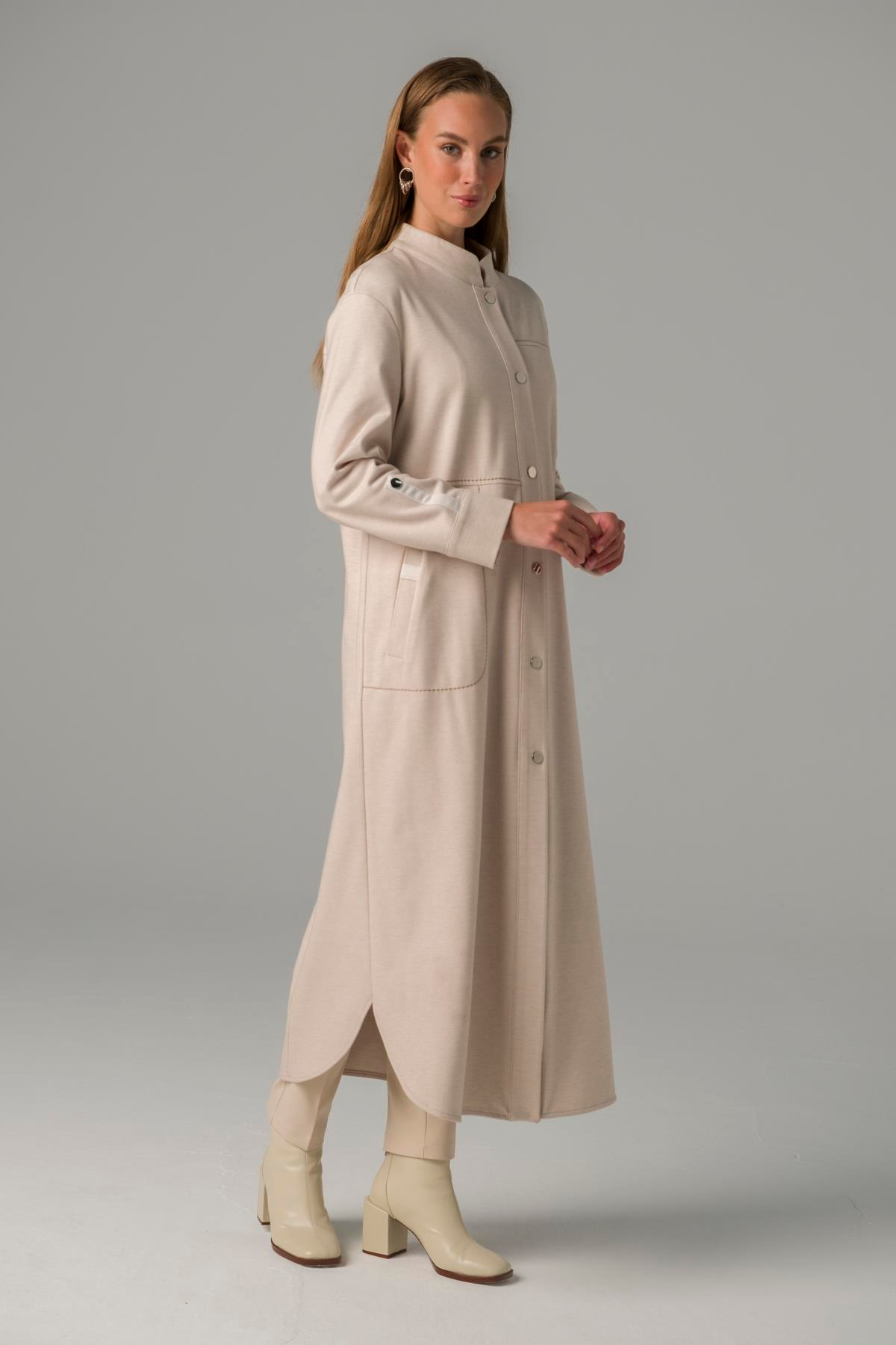 Dikiş Detaylı Astarsız Örme Uzun Kap EKRU 6399