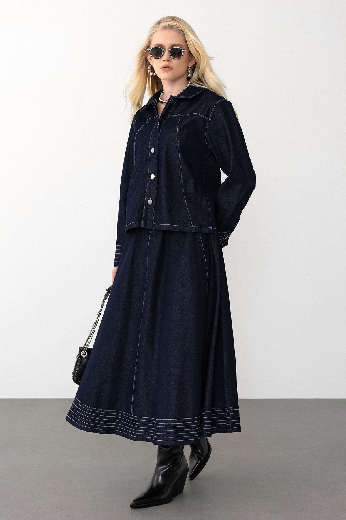 Denim Suit with Stitched Detail and Skirt Jacket NAVY 9267-TK