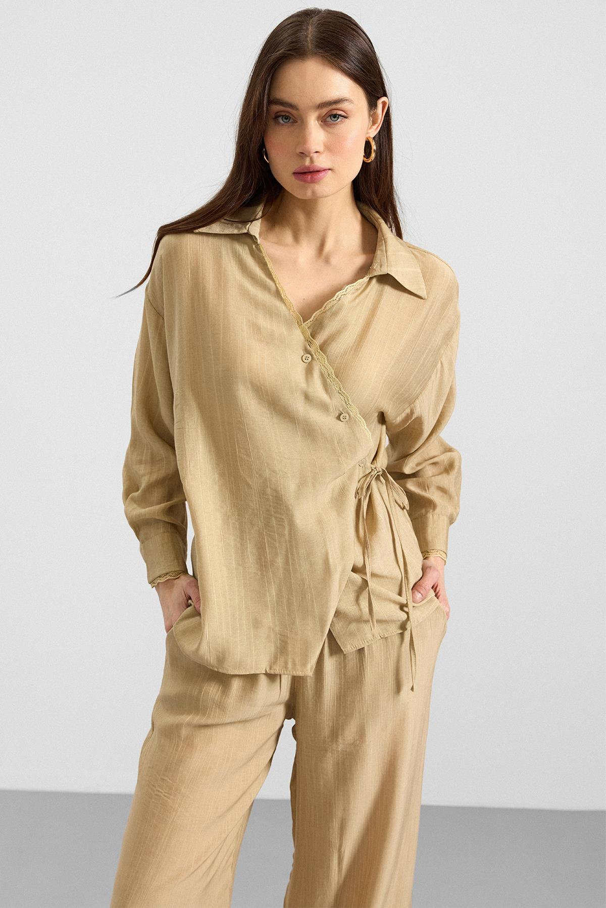 Düğme ve Bağcık Kapamalı Kimono Pantolon İkili Takım AÇIK YEŞİL 9414-TK