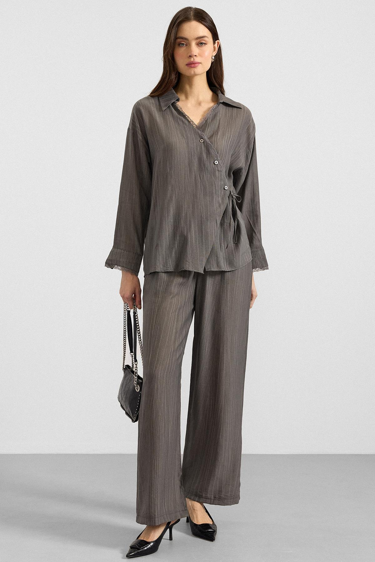 Düğme ve Bağcık Kapamalı Kimono Pantolon İkili Takım ANTRASİT 9414-TK