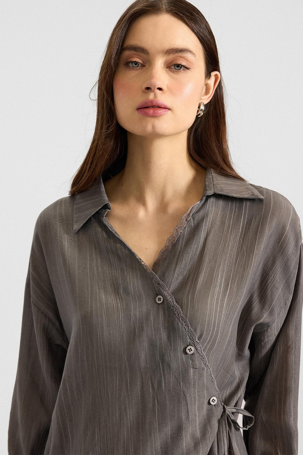 Düğme ve Bağcık Kapamalı Kimono Pantolon İkili Takım ANTRASİT 9414-TK