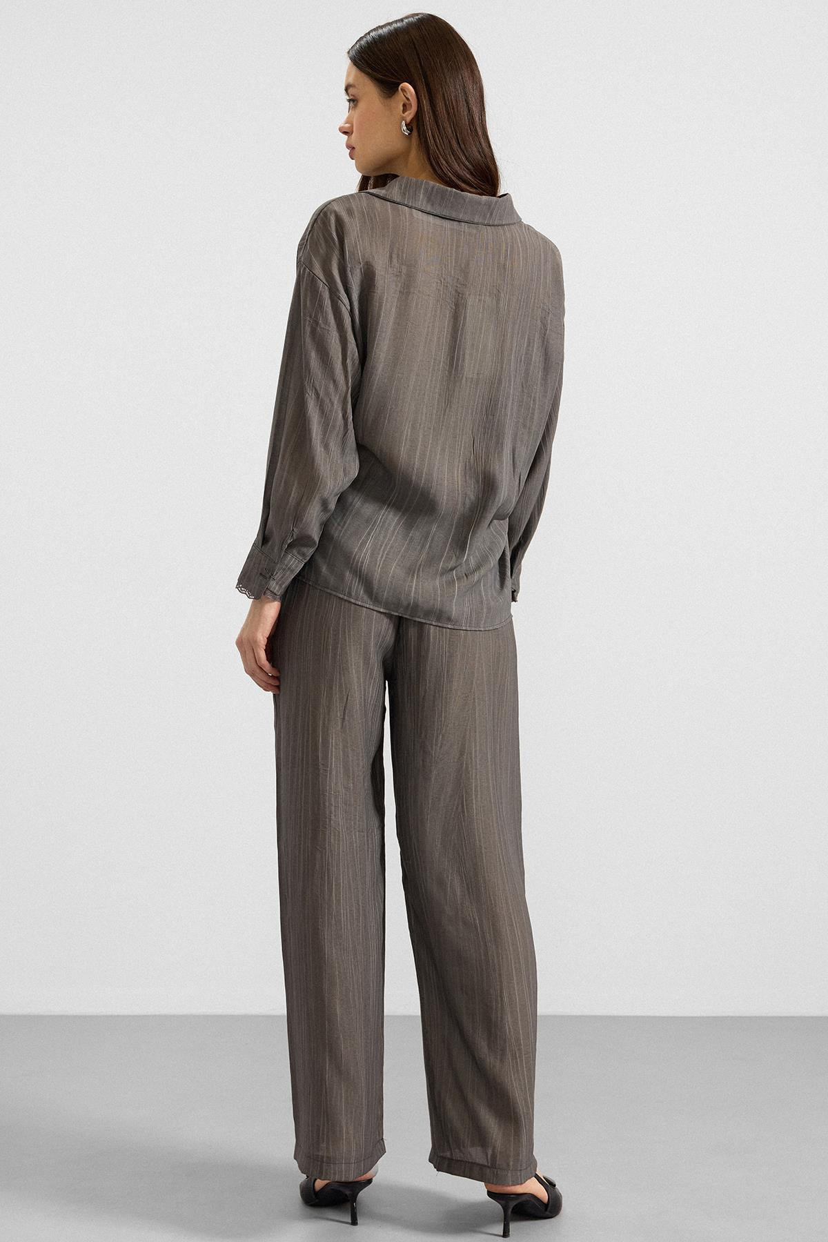 Düğme ve Bağcık Kapamalı Kimono Pantolon İkili Takım ANTRASİT 9414-TK