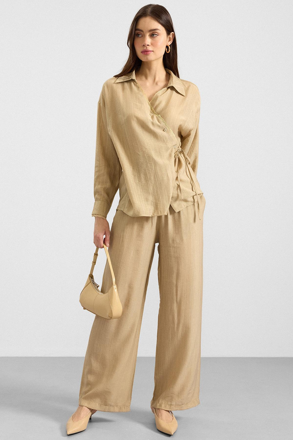 Düğme ve Bağcık Kapamalı Kimono Pantolon İkili Takım AÇIK YEŞİL 9414-TK