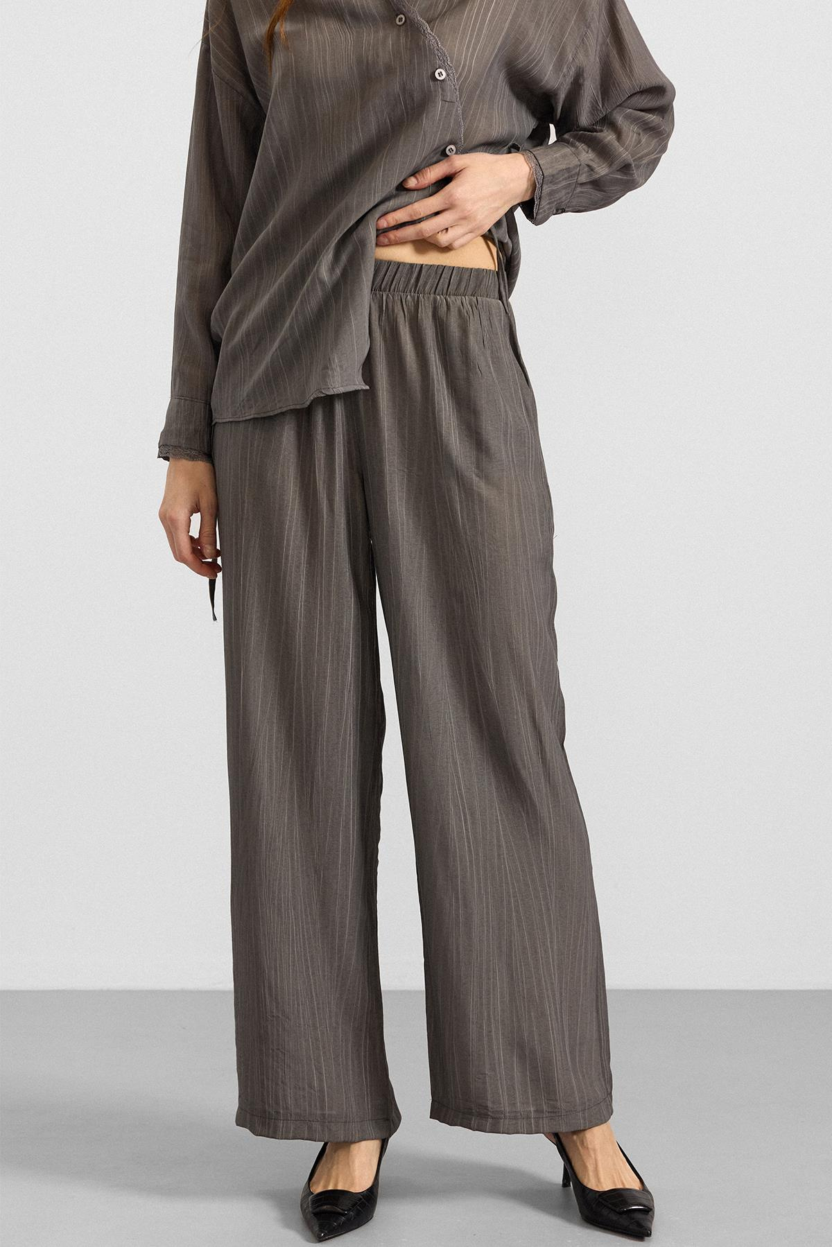 Düğme ve Bağcık Kapamalı Kimono Pantolon İkili Takım ANTRASİT 9414-TK