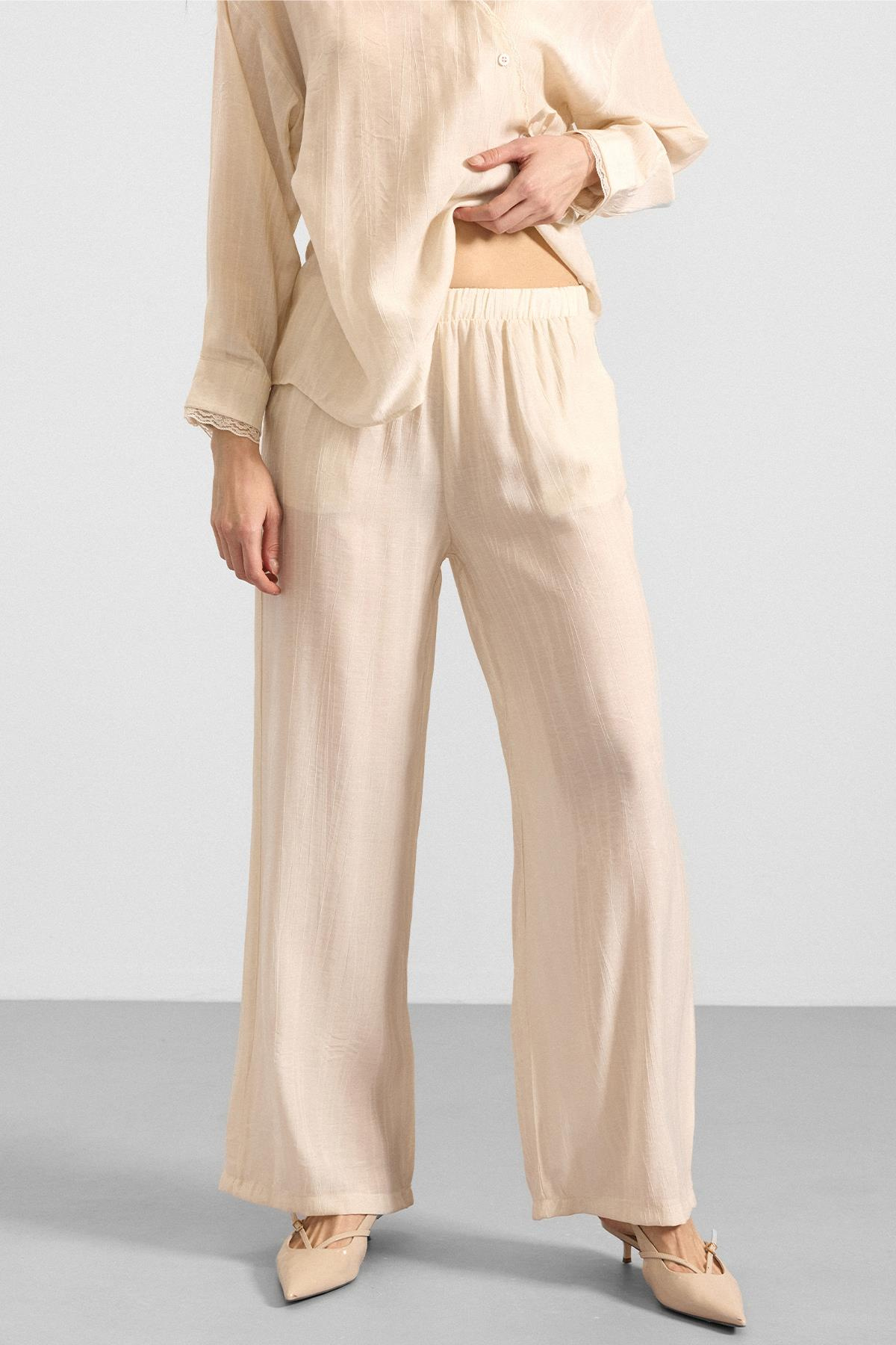 Düğme ve Bağcık Kapamalı Kimono Pantolon İkili Takım KREM 9414-TK