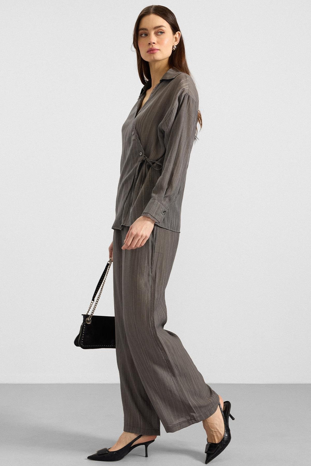 Düğme ve Bağcık Kapamalı Kimono Pantolon İkili Takım ANTRASİT 9414-TK