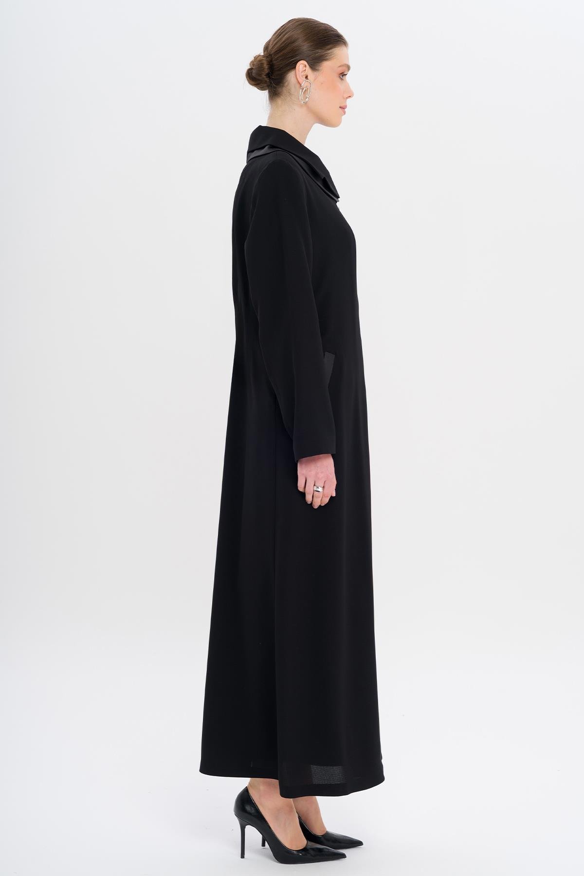 Düğmesi Taşlı Saten Detaylı Astarlı Büyük Beden Pardesü SİYAH 6720