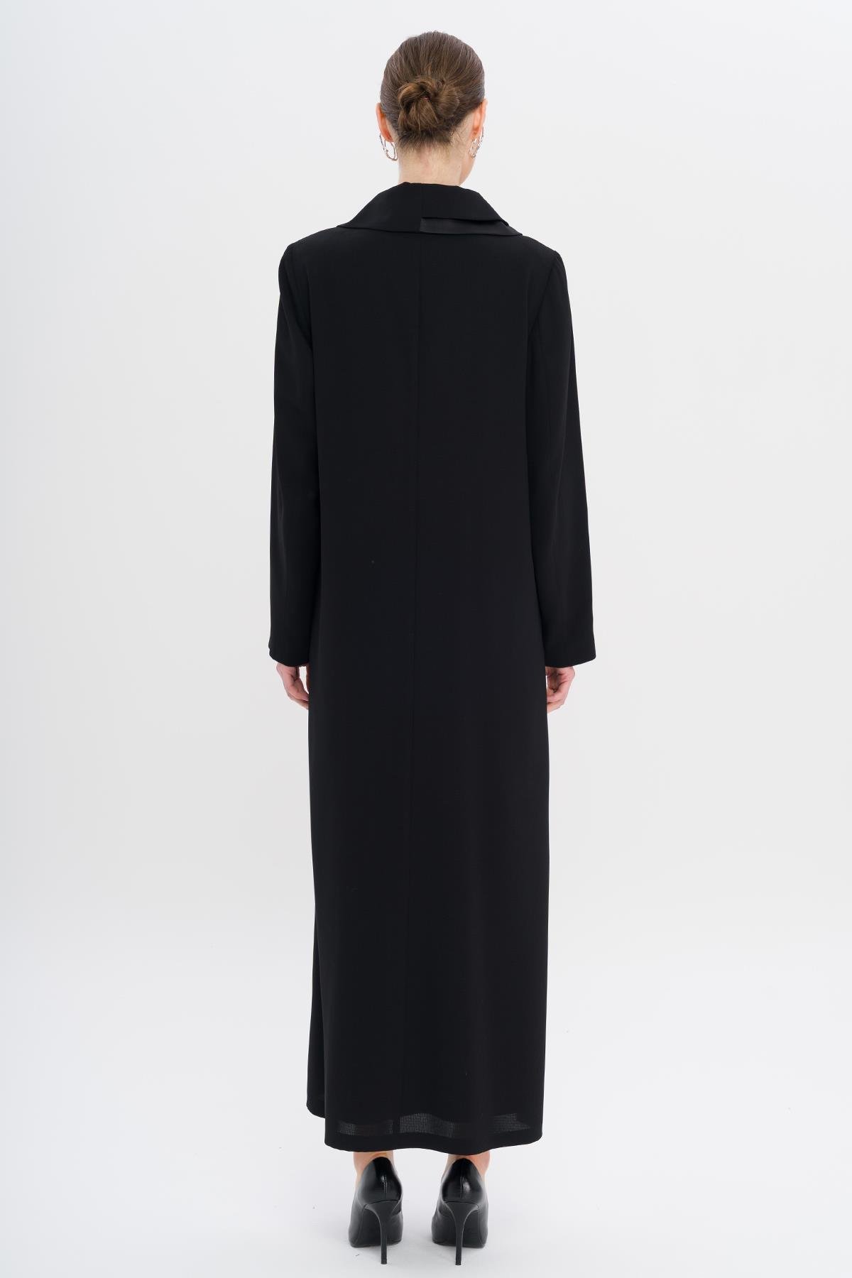 Düğmesi Taşlı Saten Detaylı Astarlı Büyük Beden Pardesü SİYAH 6720