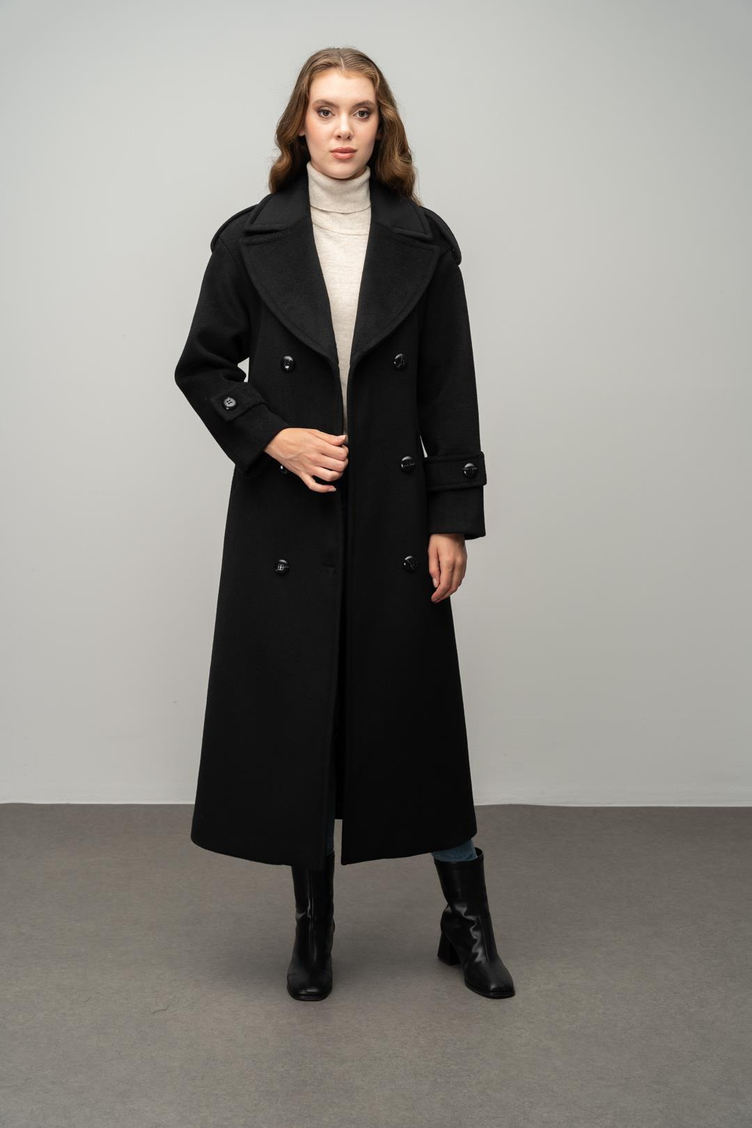 معطف كبير الحجم بأكمام منخفضة وتفاصيل كتف مزدوجة الصدر أسود 3062