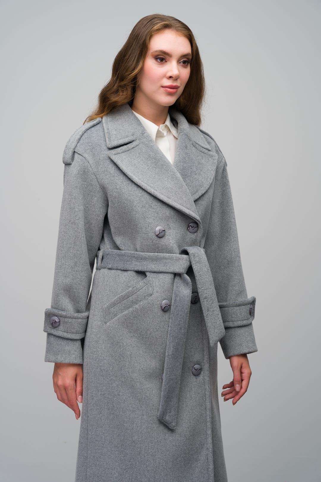 معطف كبير الحجم بأكمام منخفضة وتفاصيل كتف مزدوجة الصدر أ.جري 3062