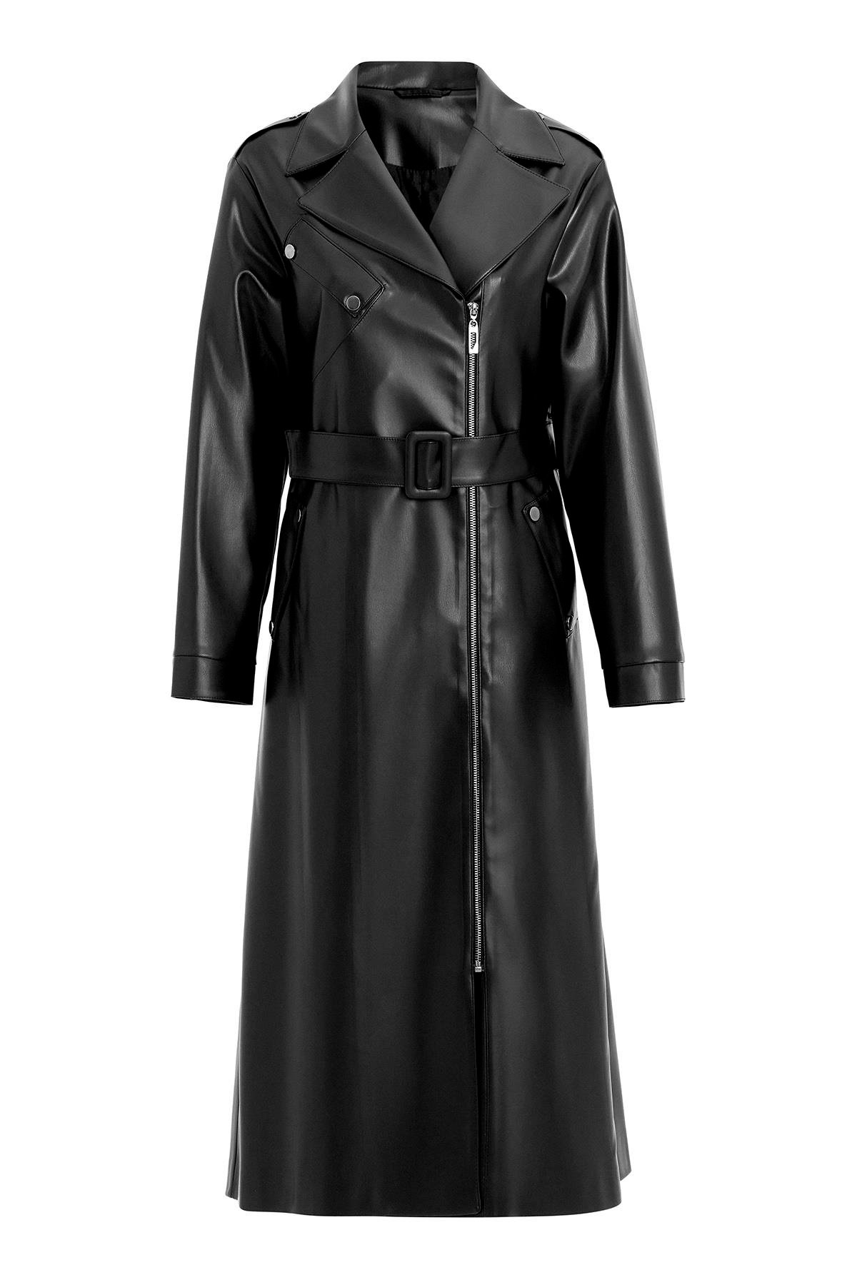 Düşük Kol Fermuar Kapamalı Oversize Deri Trençkot SİYAH 6759