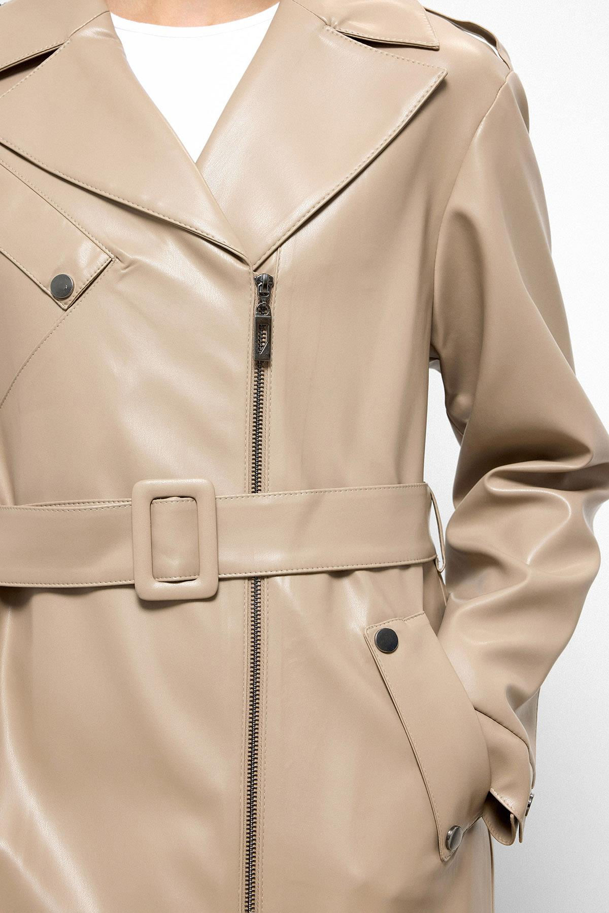 Düşük Kol Fermuar Kapamalı Oversize Deri Trençkot TAŞ 6759