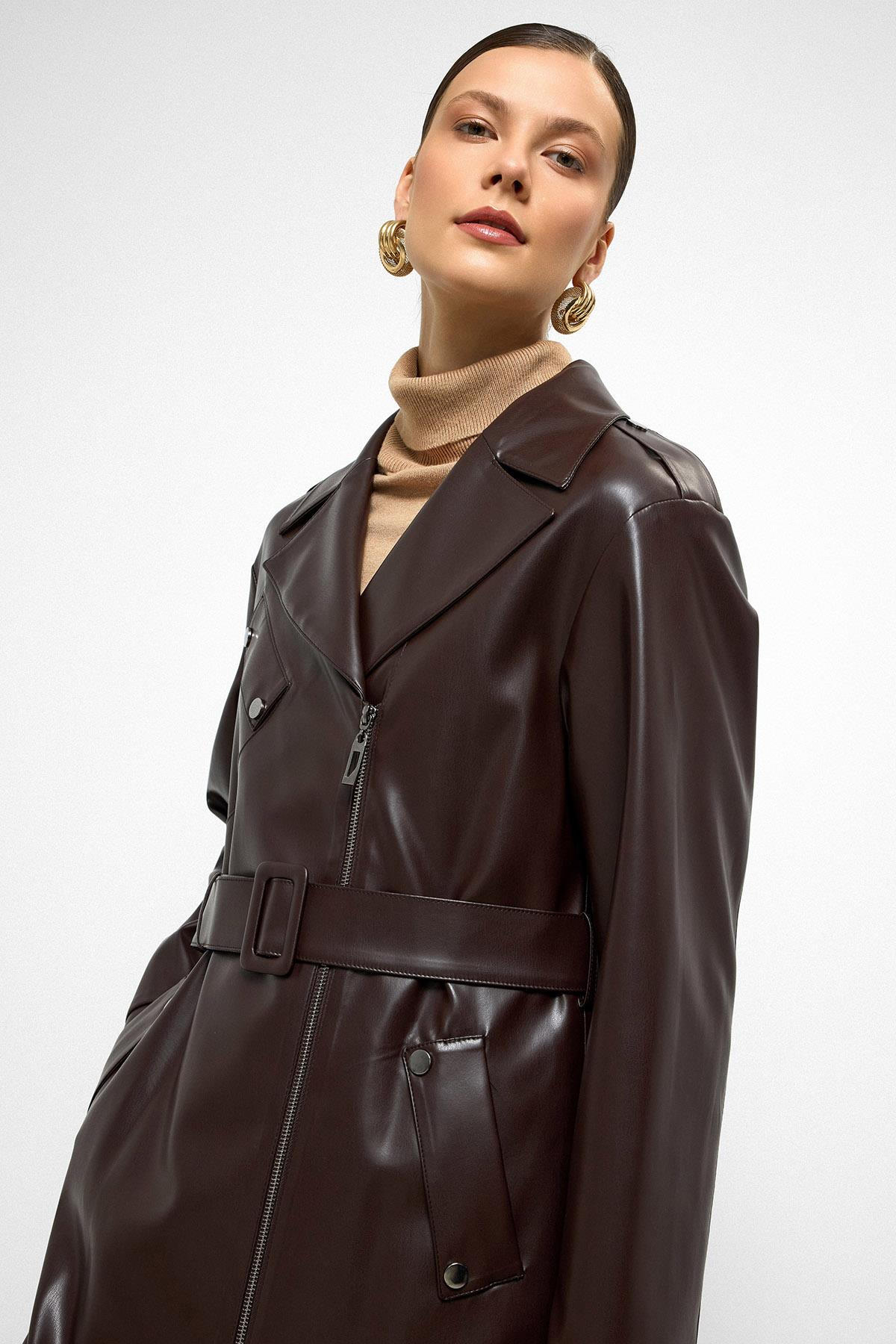 Düşük Kol Fermuar Kapamalı Oversize Deri Trençkot K. KAHVE 6759