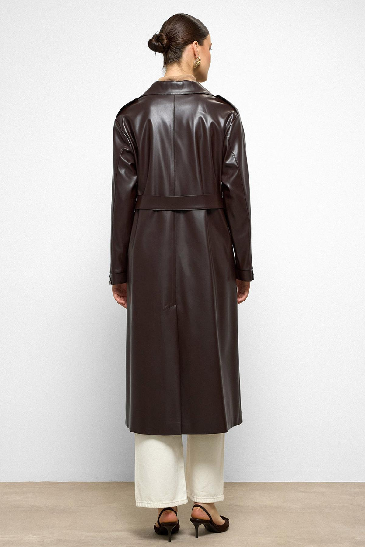 Düşük Kol Fermuar Kapamalı Oversize Deri Trençkot K. KAHVE 6759