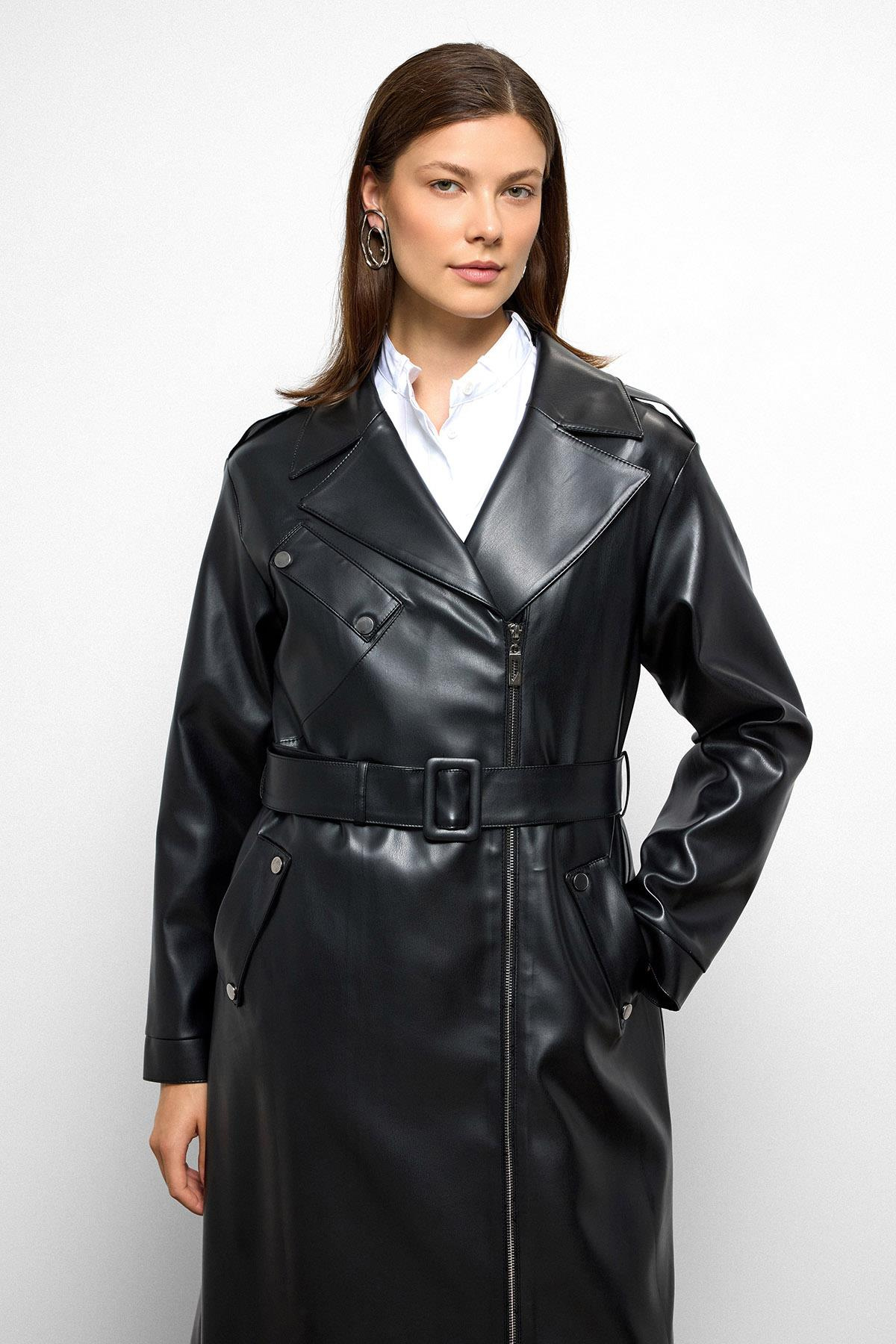 Düşük Kol Fermuar Kapamalı Oversize Deri Trençkot SİYAH 6759