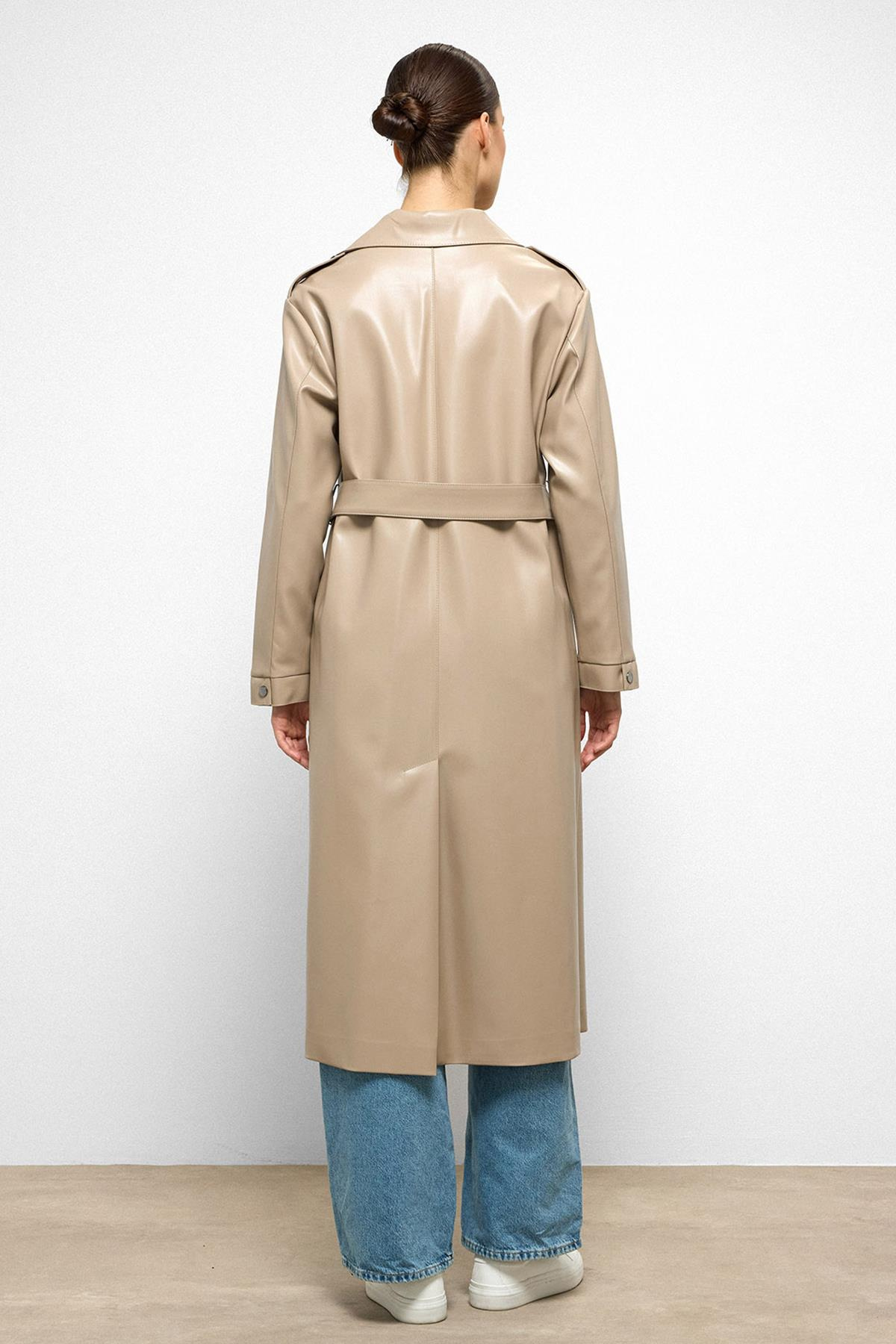 Düşük Kol Fermuar Kapamalı Oversize Deri Trençkot TAŞ 6759