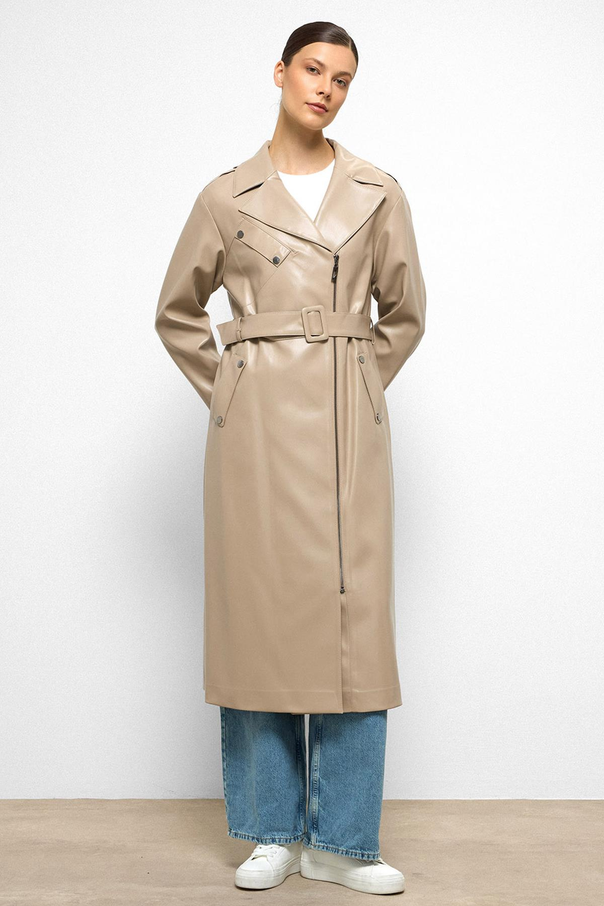 Düşük Kol Fermuar Kapamalı Oversize Deri Trençkot TAŞ 6759
