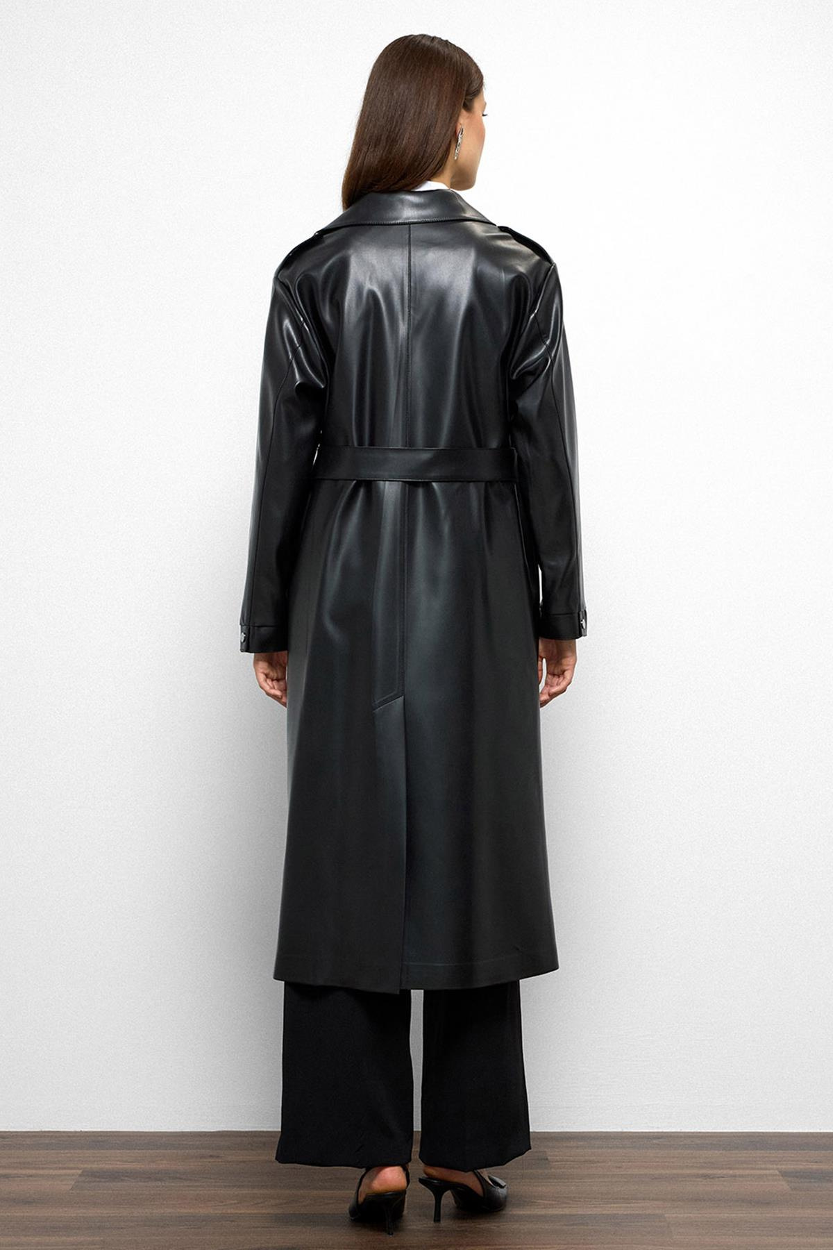 Düşük Kol Fermuar Kapamalı Oversize Deri Trençkot SİYAH 6759