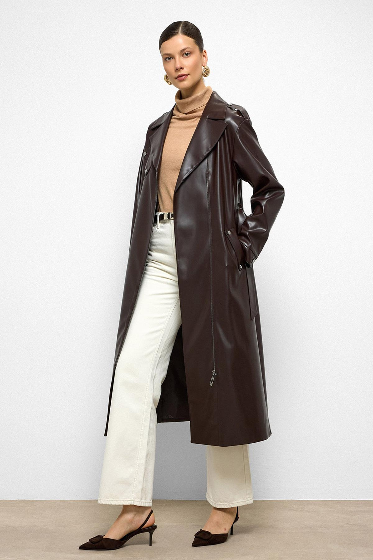 Düşük Kol Fermuar Kapamalı Oversize Deri Trençkot K. KAHVE 6759