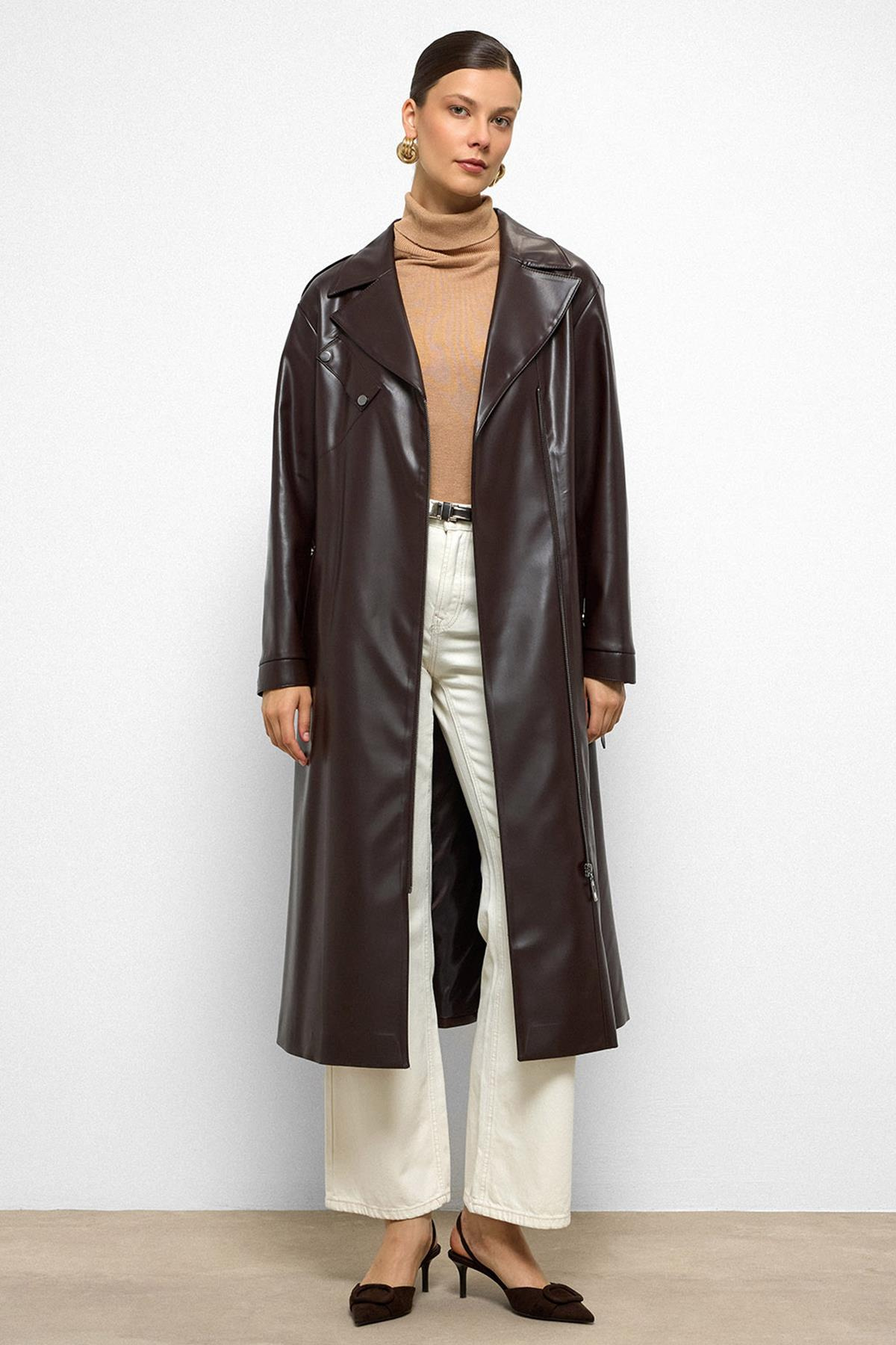 Düşük Kol Fermuar Kapamalı Oversize Deri Trençkot K. KAHVE 6759