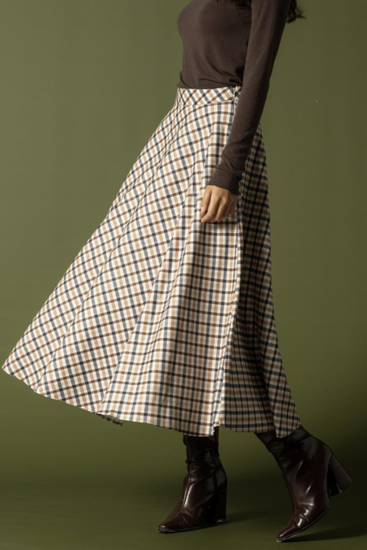 Ekose Desenli Kloş Etek BEJ 7066