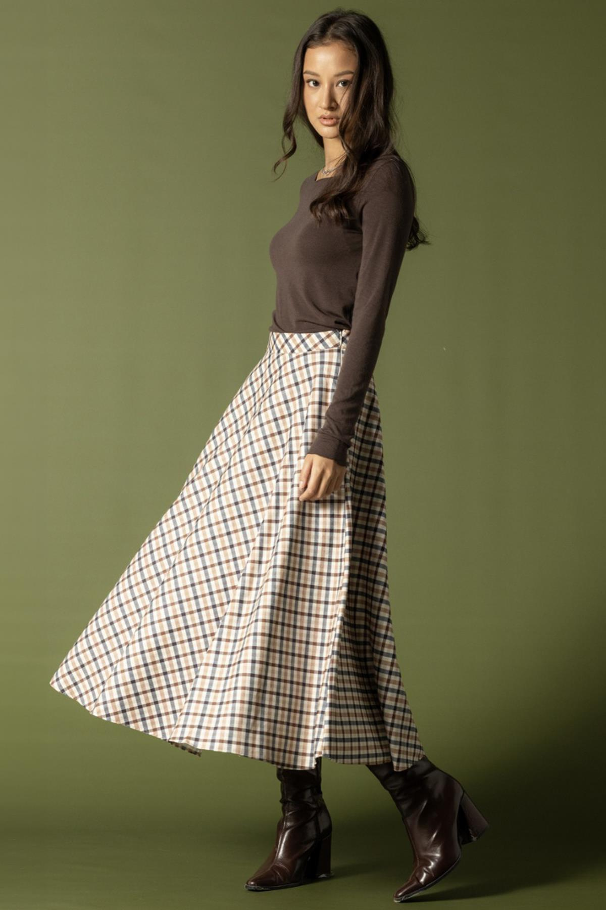 Ekose Desenli Kloş Etek BEJ 7066