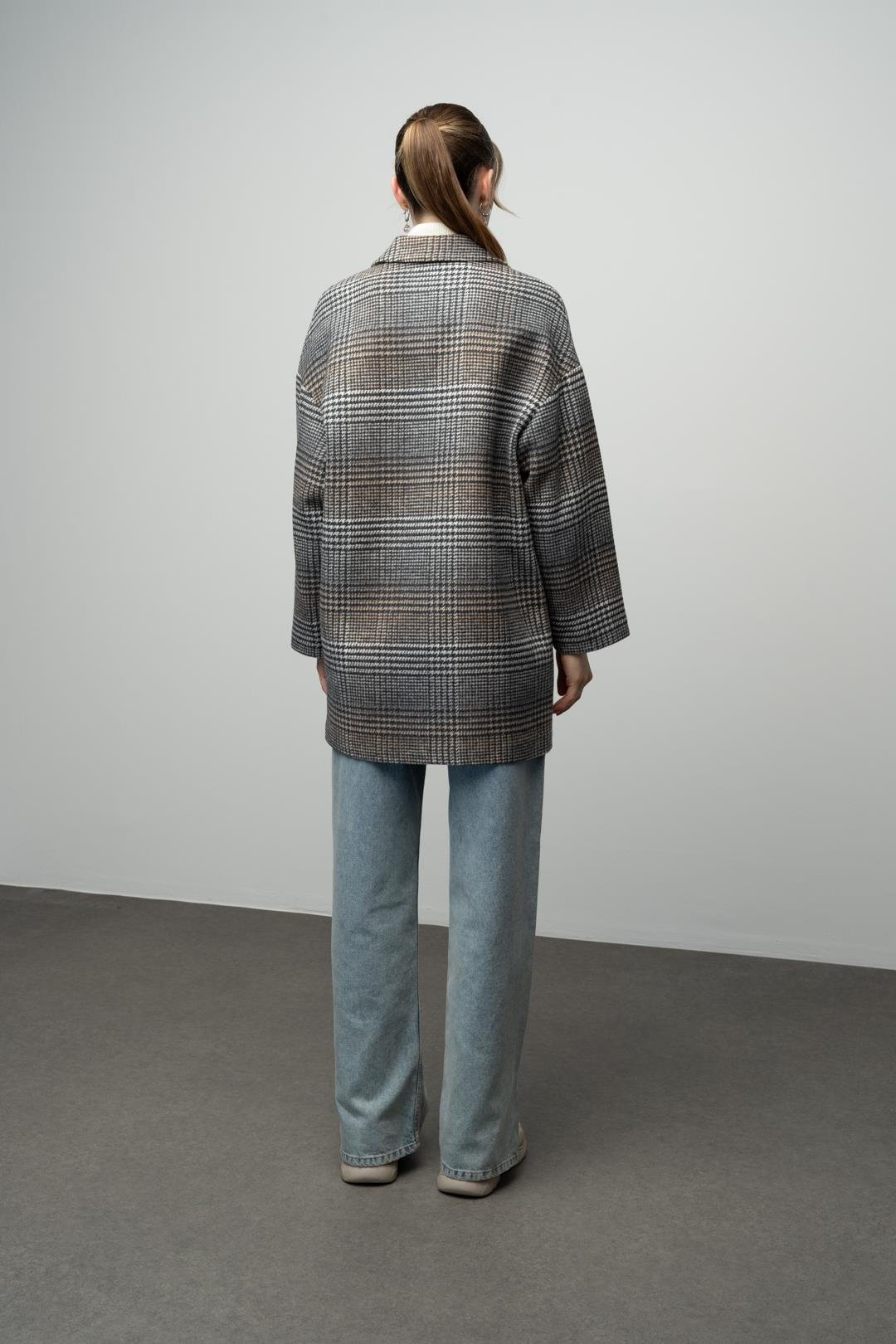 Ekose Desenli Kruvaze Oversize Kaban GRİ 3020