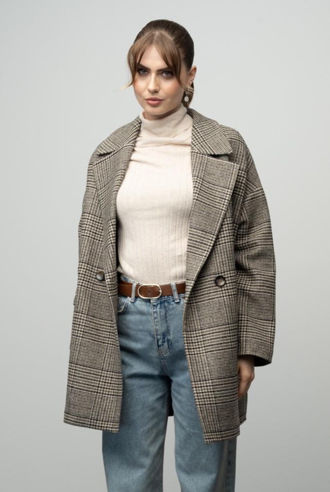 Ekose Desenli Kruvaze Oversize Kaban HAKİ 3020