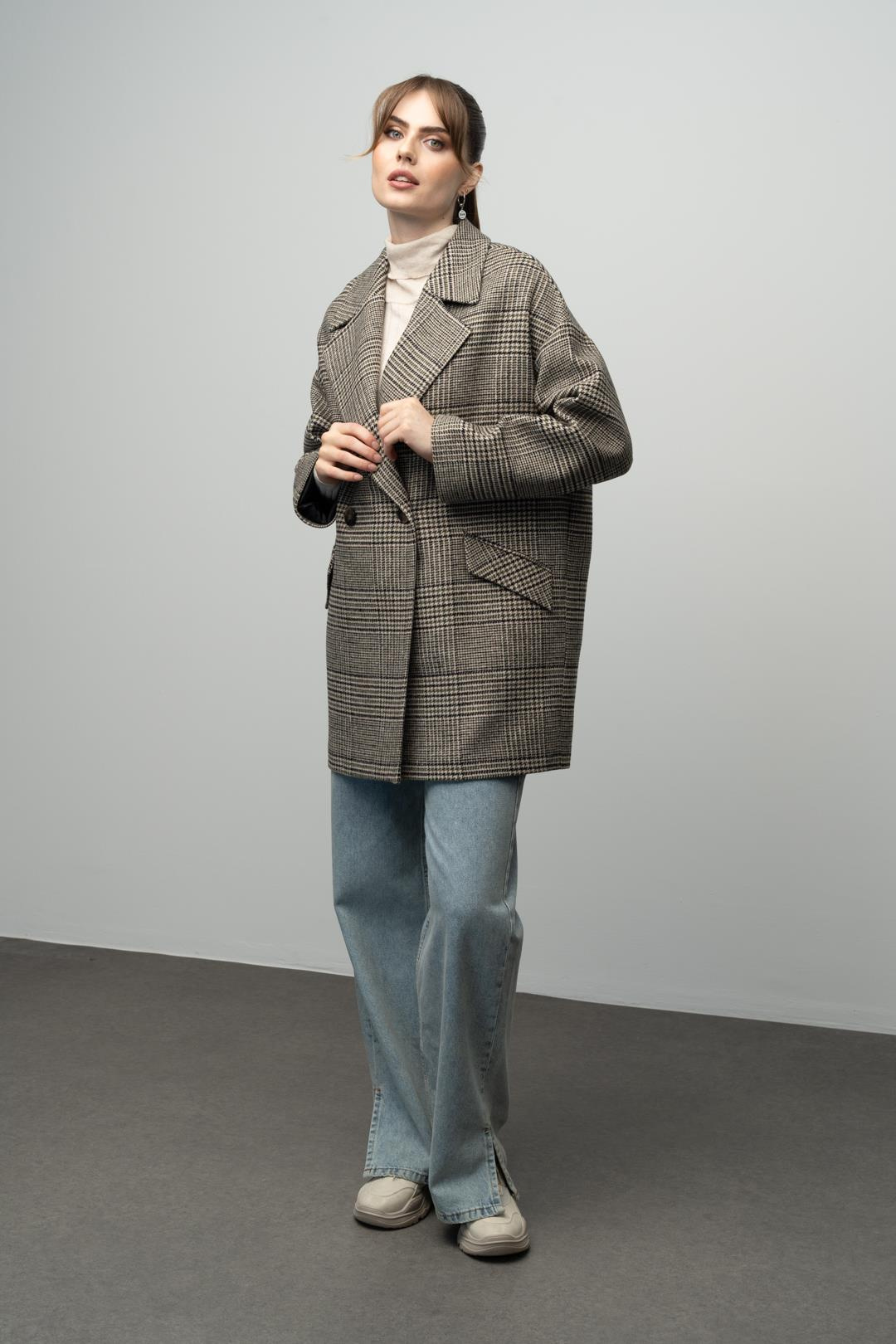 Ekose Desenli Kruvaze Oversize Kaban HAKİ 3020