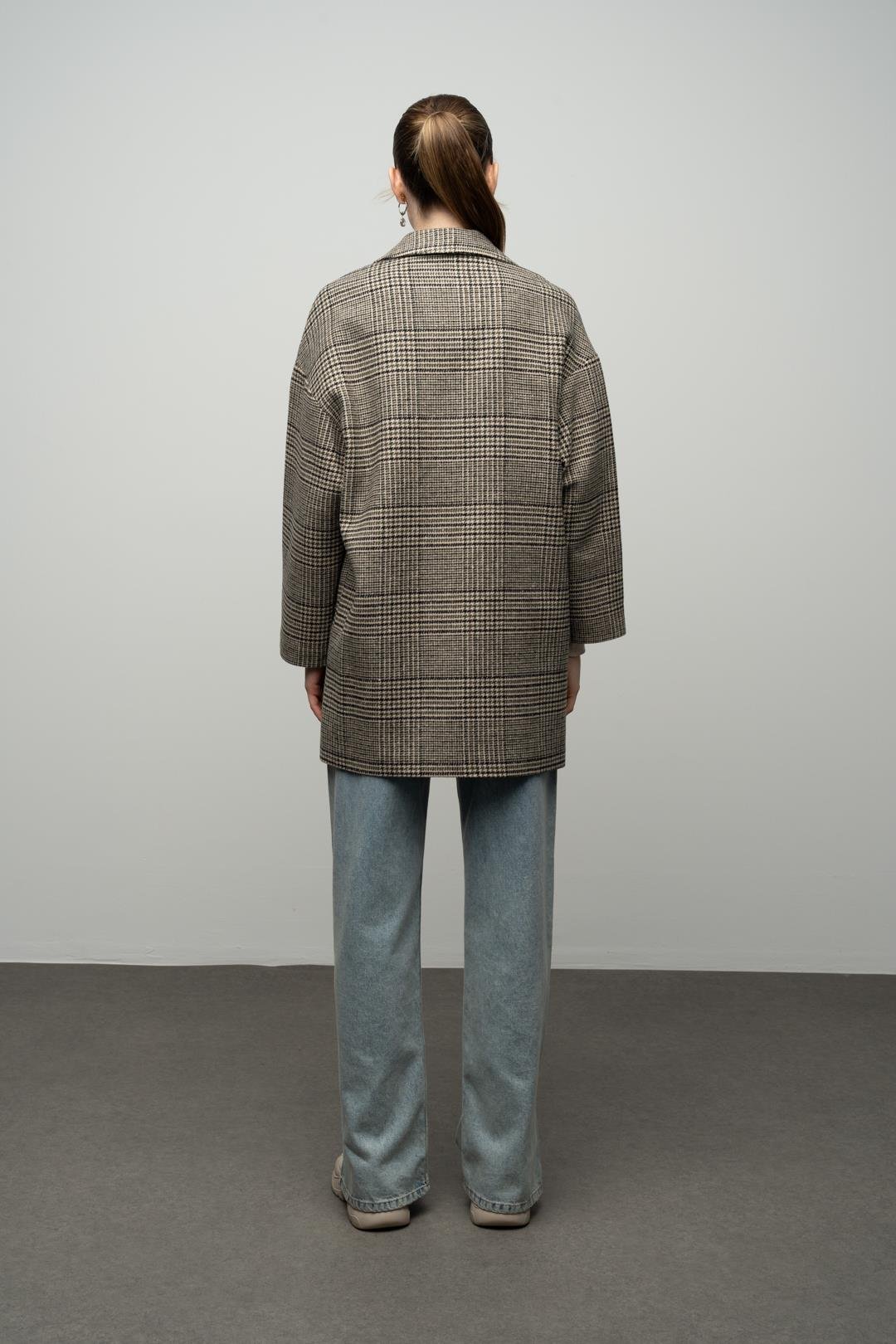 Ekose Desenli Kruvaze Oversize Kaban HAKİ 3020