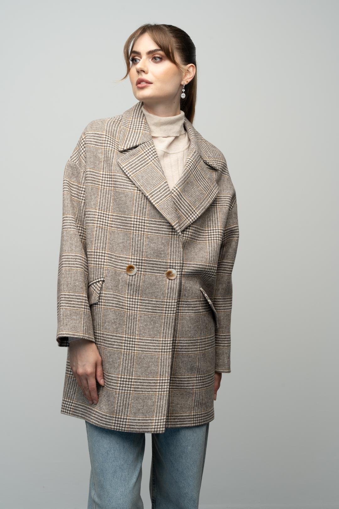 Ekose Desenli Kruvaze Oversize Kaban KAMEL 3020