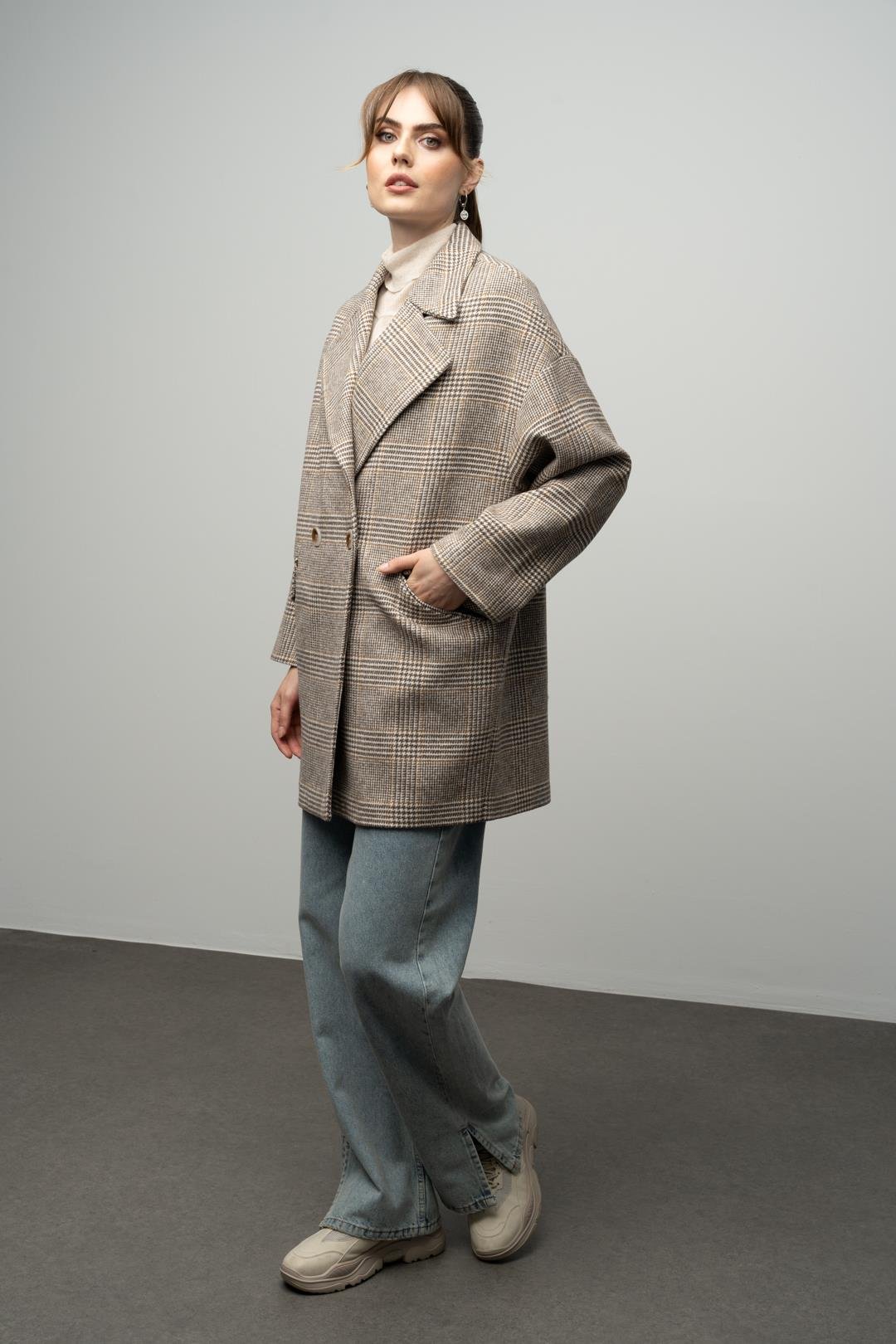 Ekose Desenli Kruvaze Oversize Kaban KAMEL 3020