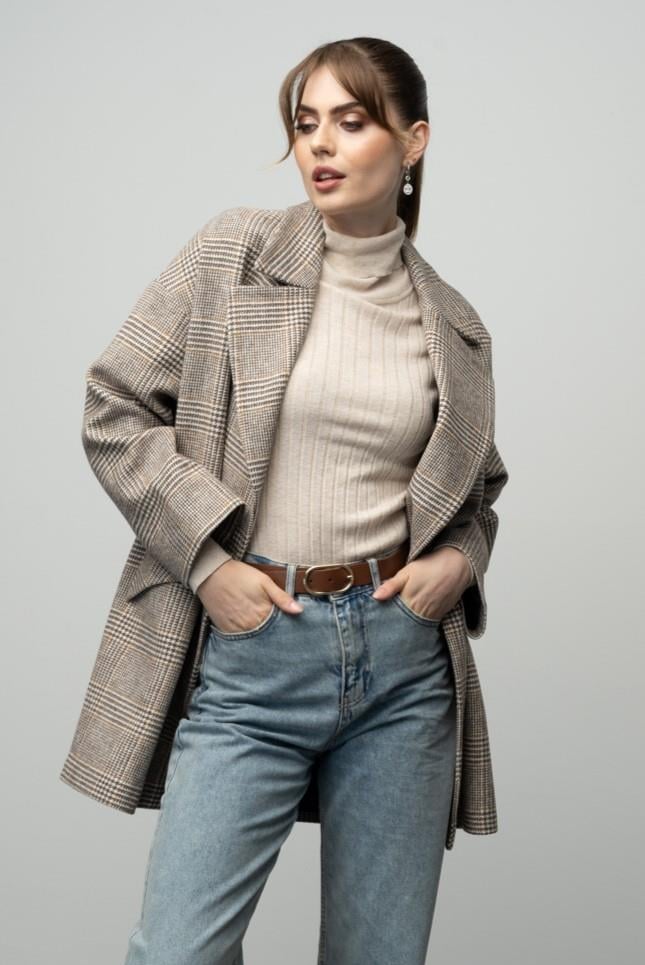 Ekose Desenli Kruvaze Oversize Kaban KAMEL 3020