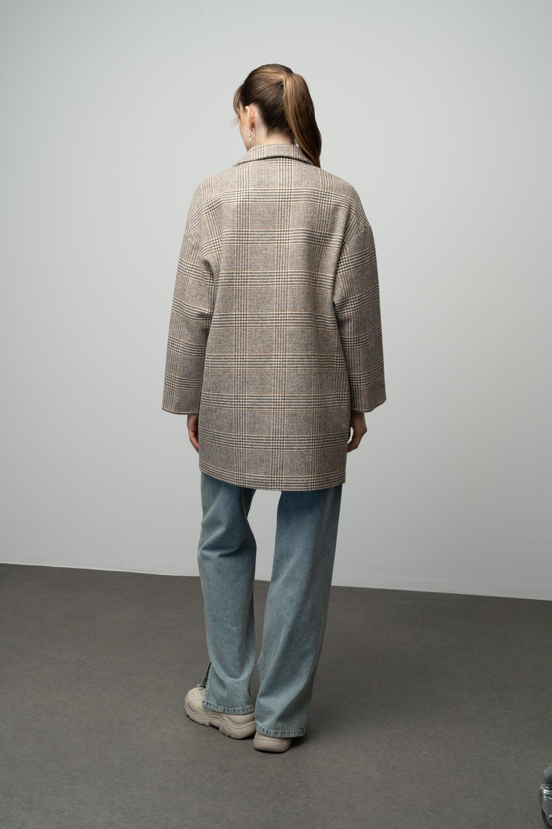 Ekose Desenli Kruvaze Oversize Kaban KAMEL 3020