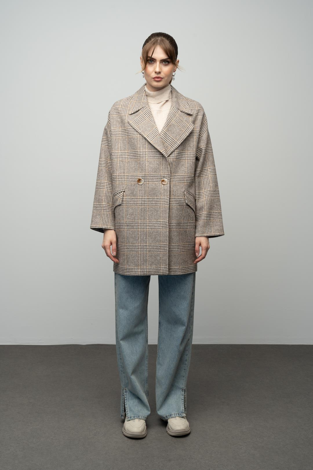 Ekose Desenli Kruvaze Oversize Kaban KAMEL 3020