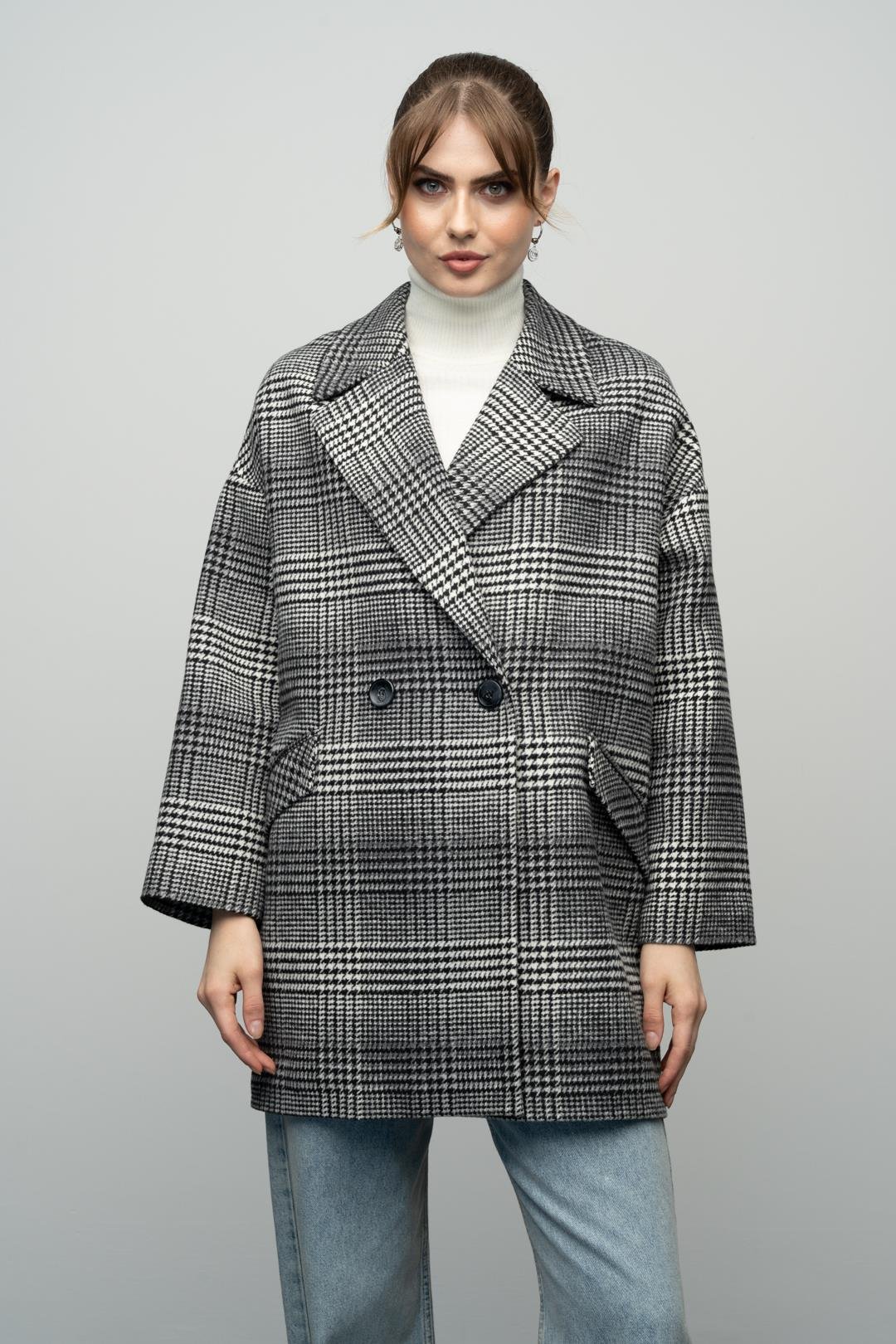 Ekose Desenli Kruvaze Oversize Kaban SİYAH 3020