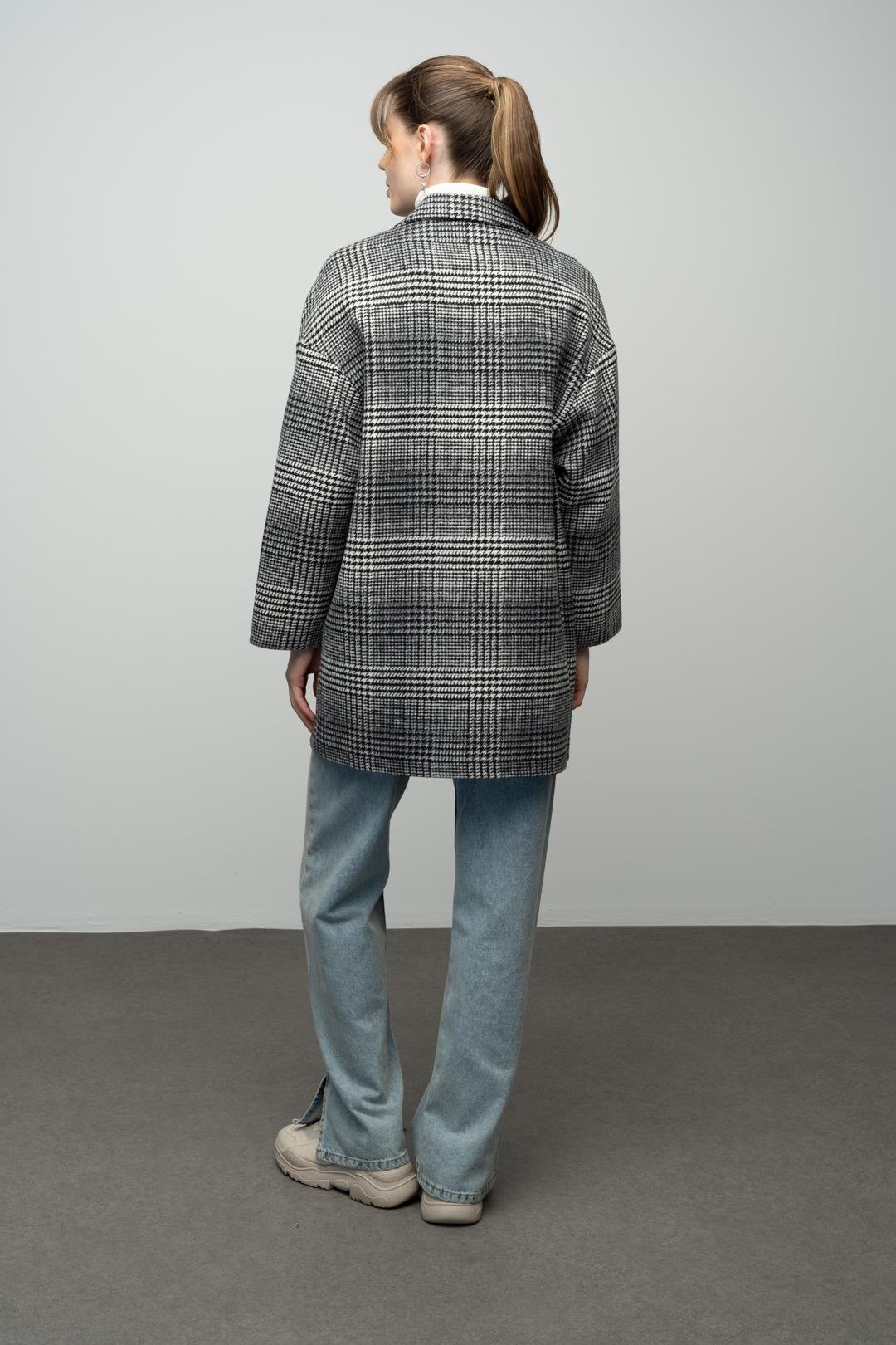 Ekose Desenli Kruvaze Oversize Kaban SİYAH 3020