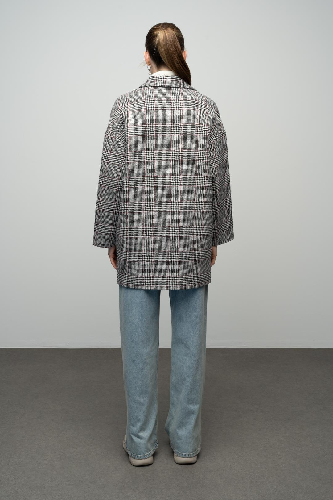 Ekose Desenli Kruvaze Oversize Kaban SİYAH-BEYAZ 3020