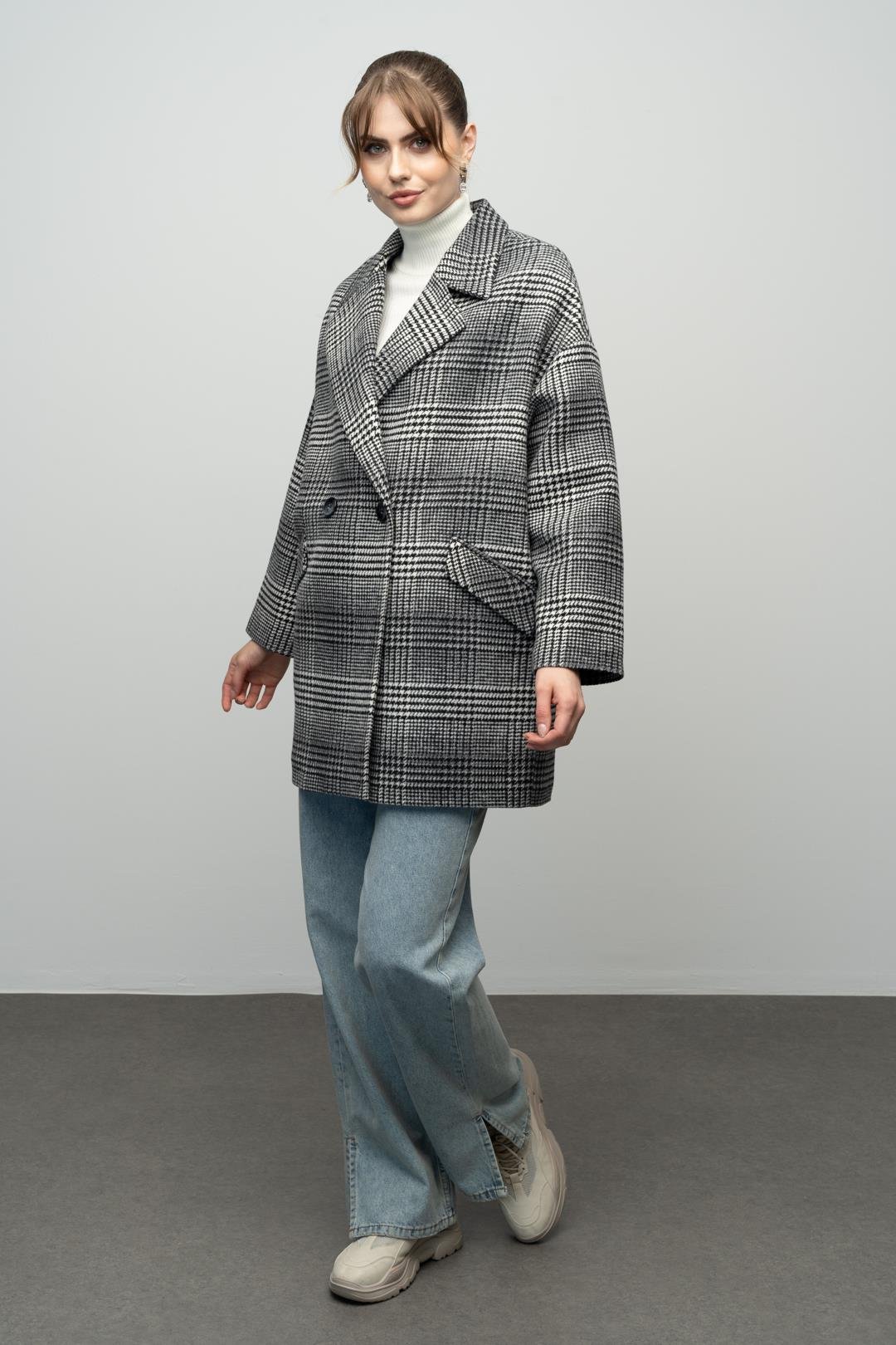 Ekose Desenli Kruvaze Oversize Kaban SİYAH 3020