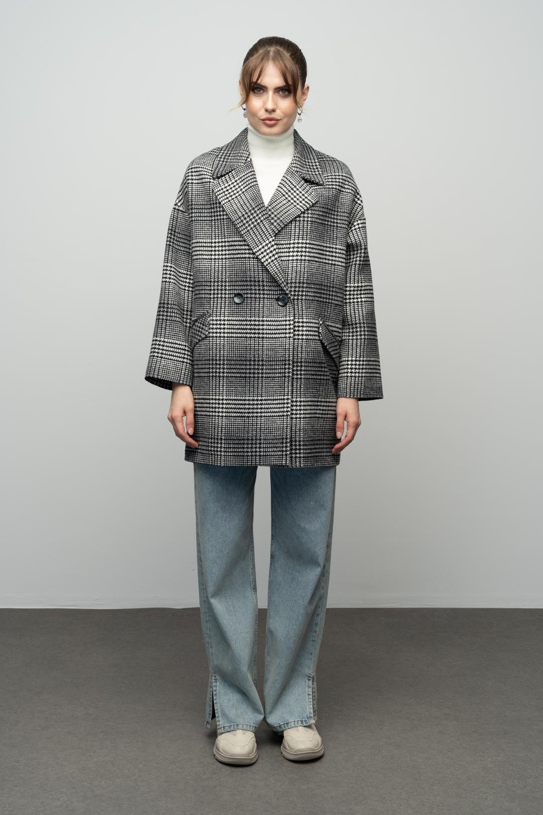 Ekose Desenli Kruvaze Oversize Kaban SİYAH 3020