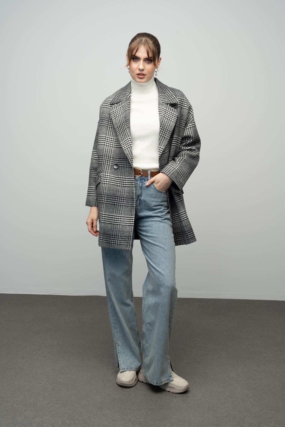 Ekose Desenli Kruvaze Oversize Kaban SİYAH 3020