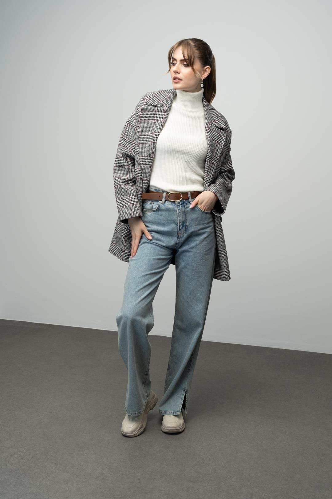 Ekose Desenli Kruvaze Oversize Kaban SİYAH-BEYAZ 3020