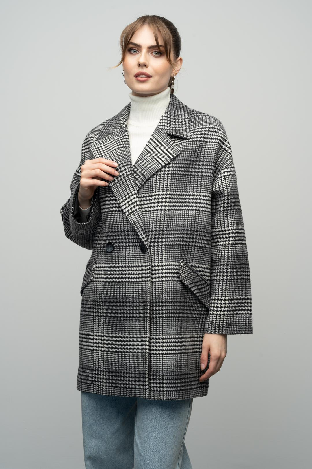 Ekose Desenli Kruvaze Oversize Kaban SİYAH 3020